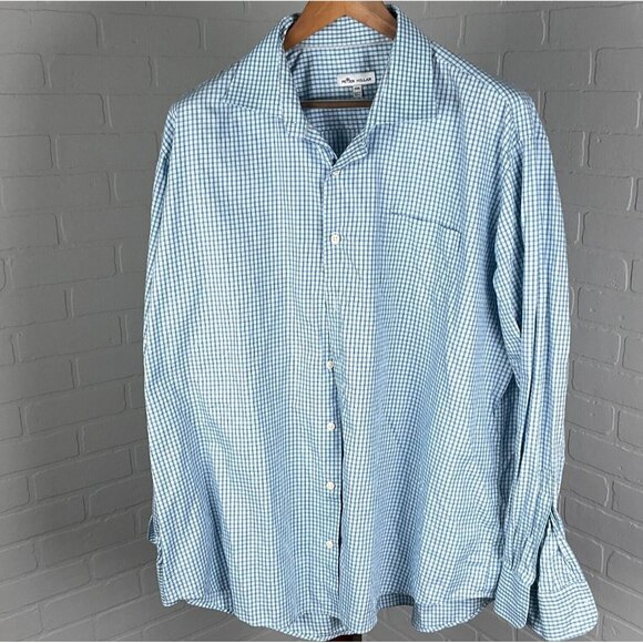 Peter Millar Shirt Mens 2XLarge Blue White Check Cotton Dress Classic Career‎ - Picture 1 of 11